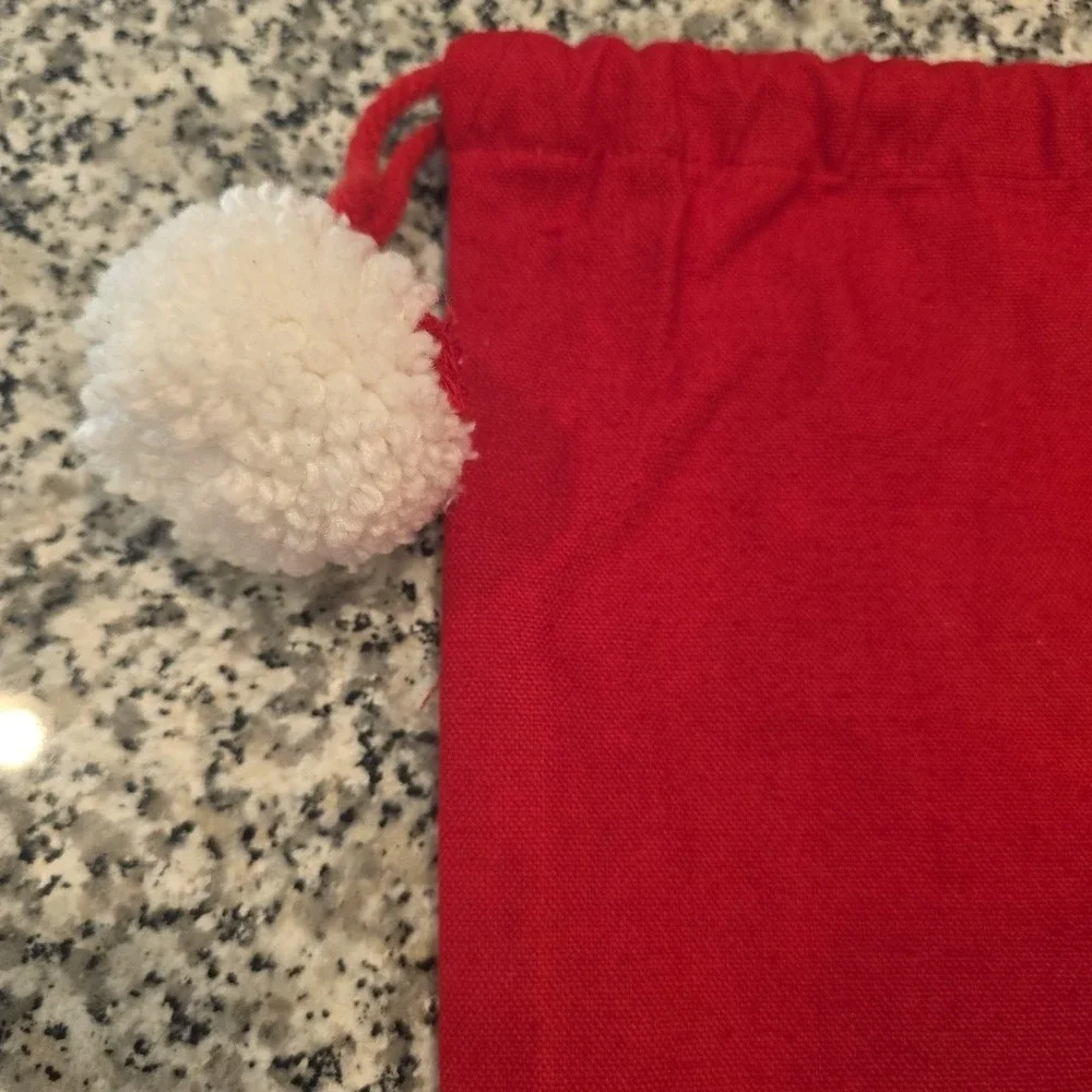 Christmas Santa Gift‎ Bag Red Drawstring White Pom-Poms 17x14  EXCELLENT